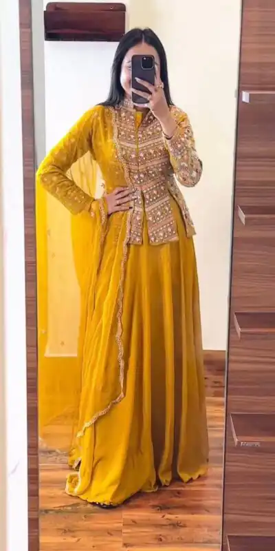 ST 1040 Yellow Color Georgette Embroidery Lehenga Choli Casual, Wedding, Party, Festive, Events Etc. Expected Delivery 4-6 Working Days @ 2449/- | Lehenga, Bollywood Lehenga, Creative Lehenga, Designer Lehenga, Embroidered Lehenga, Party Wear Lehenga