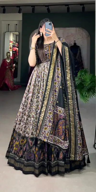 YNF 5036 Black Color Tussar Silk Floral Print With Foil Print Gown Casual, Wedding, Festive, Events, Designer Party Wear, Delivery 4-6 Working Days @2049 | Gowns, Bollywood Gowns, Creative Gowns, Designer Gowns, Embroidered Gowns, Party Wear Gowns