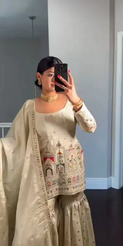 NSR 811 Cream Color Pure Chinnon Silk Embroidery Coding Salwar Suit Casual, Party Festive, Events Etc. Expected Delivery 4-6 Working Days @2149/- | Jump Suits, Salwar suit, Designer Suits, Casual Suits, Creative suits, Palazzo Suits, Party Wear Suits, Patiala Suits, Straight Suits