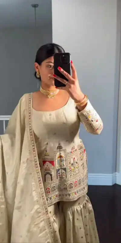 NSR 811 Cream Color Pure Chinnon Silk Embroidery Coding Salwar Suit Casual, Party Festive, Events Etc. Expected Delivery 4-6 Working Days @2149/- | Jump Suits, Salwar suit, Designer Suits, Casual Suits, Creative suits, Palazzo Suits, Party Wear Suits, Patiala Suits, Straight Suits