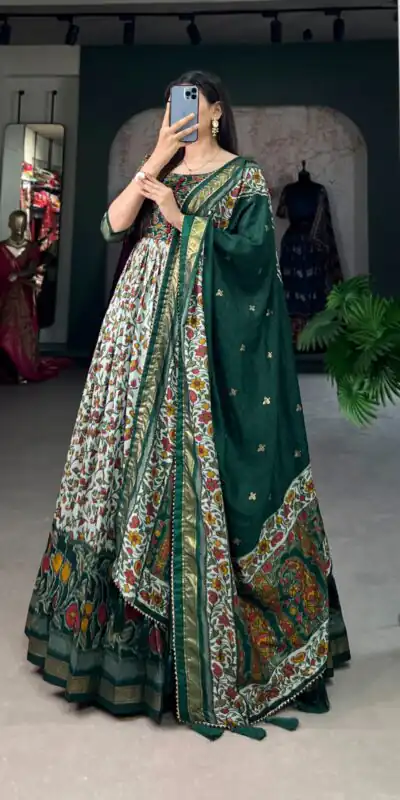 YNF 5036 Green Color Tussar Silk Floral Print With Foil Print Gown Casual, Wedding, Festive, Events, Designer Party Wear, Delivery 4-6 Working Days @2049 | Gowns, Bollywood Gowns, Creative Gowns, Designer Gowns, Embroidered Gowns, Party Wear Gowns
