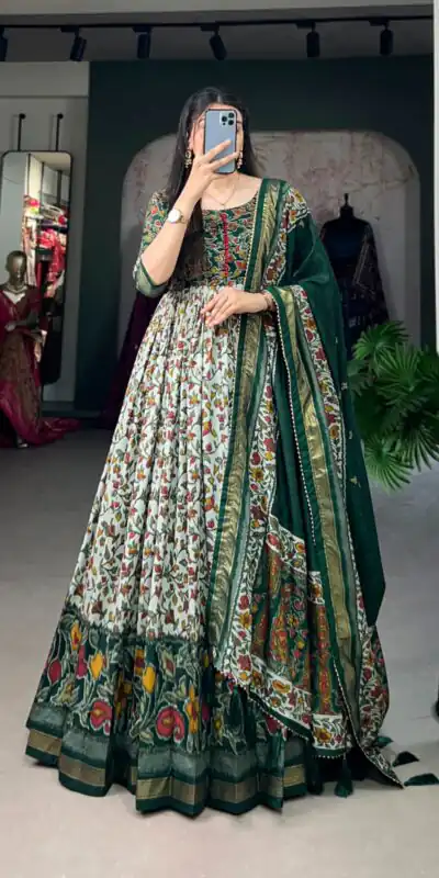 YNF 5036 Green Color Tussar Silk Floral Print With Foil Print Gown Casual, Wedding, Festive, Events, Designer Party Wear, Delivery 4-6 Working Days @2049 | Gowns, Bollywood Gowns, Creative Gowns, Designer Gowns, Embroidered Gowns, Party Wear Gowns