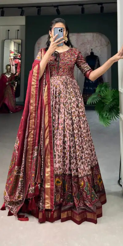 YNF 5036 Maroon Color Tussar Silk Floral Print With Foil Print Gown Casual, Wedding, Festive, Events, Designer Party Wear, Delivery 4-6 Working Days @2049 | Gowns, Bollywood Gowns, Creative Gowns, Designer Gowns, Embroidered Gowns, Party Wear Gowns