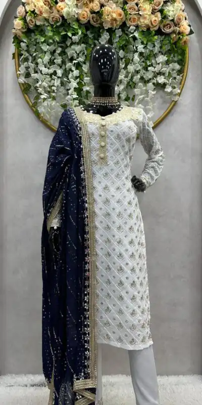 RTC 5699 White & Navy Blue Color Foix Georgette Thread Sequence Work Salwar Suit Wedding, Party, Festive, Events . Expected Delivery 4-6 Working Days @2499 | Jump Suits, Salwar suit, Designer Suits, Casual Suits, Creative suits, Palazzo Suits, Party Wear Suits, Patiala Suits, Straight Suits