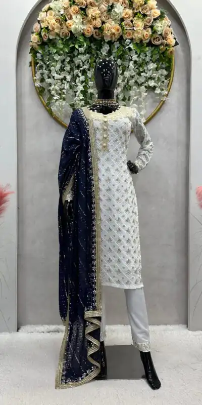 RTC 5699 White & Navy Blue Color Foix Georgette Thread Sequence Work Salwar Suit Wedding, Party, Festive, Events . Expected Delivery 4-6 Working Days @2499 | Jump Suits, Salwar suit, Designer Suits, Casual Suits, Creative suits, Palazzo Suits, Party Wear Suits, Patiala Suits, Straight Suits