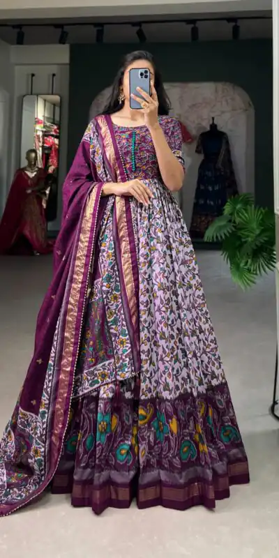 YNF 5036 Purple Color Tussar Silk Floral Print With Foil Print Gown Casual, Wedding, Festive, Events, Designer Party Wear, Delivery 4-6 Working Days @2049 | Gowns, Bollywood Gowns, Creative Gowns, Designer Gowns, Embroidered Gowns, Party Wear Gowns