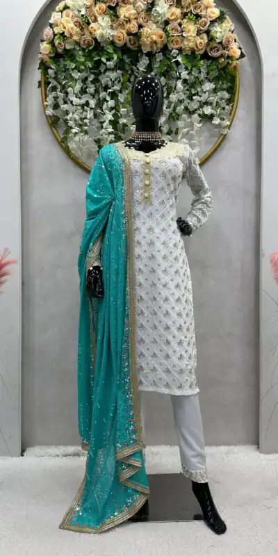 RTC 5699 White & Blue Color Foix Georgette Thread Sequence Work Salwar Suit Wedding, Party, Festive, Events Etc. Expected Delivery 4-6 Working Days @2499/ | Jump Suits, Salwar suit, Designer Suits, Casual Suits, Creative suits, Palazzo Suits, Party Wear Suits, Patiala Suits, Straight Suits