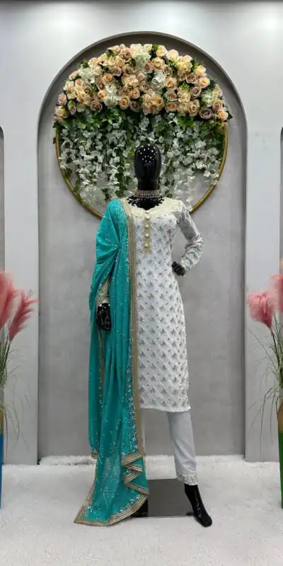 RTC 5699 White & Blue Color Foix Georgette Thread Sequence Work Salwar Suit Wedding, Party, Festive, Events Etc. Expected Delivery 4-6 Working Days @2499/ | Jump Suits, Salwar suit, Designer Suits, Casual Suits, Creative suits, Palazzo Suits, Party Wear Suits, Patiala Suits, Straight Suits