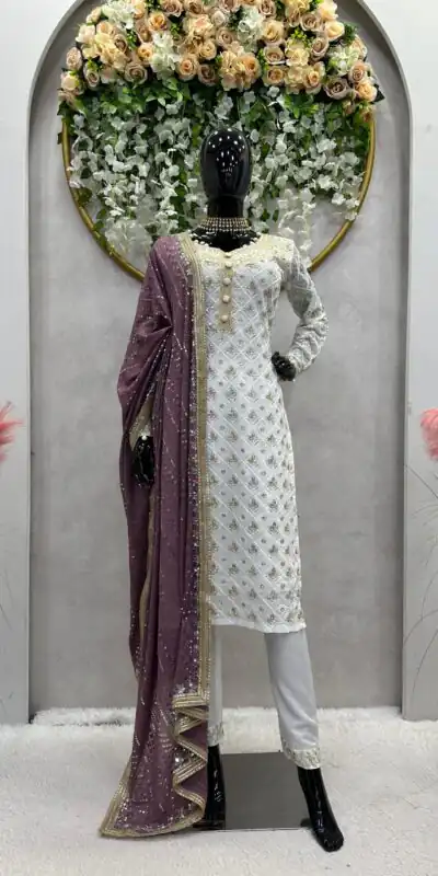 RTC 5699 White & Purple Color Foix Georgette Thread Sequence Work Salwar Suit Wedding, Party, Festive, Events Etc. Expected Delivery 4-6 Working Days @2499/ | Jump Suits, Salwar suit, Designer Suits, Casual Suits, Creative suits, Palazzo Suits, Party Wear Suits, Patiala Suits, Straight Suits