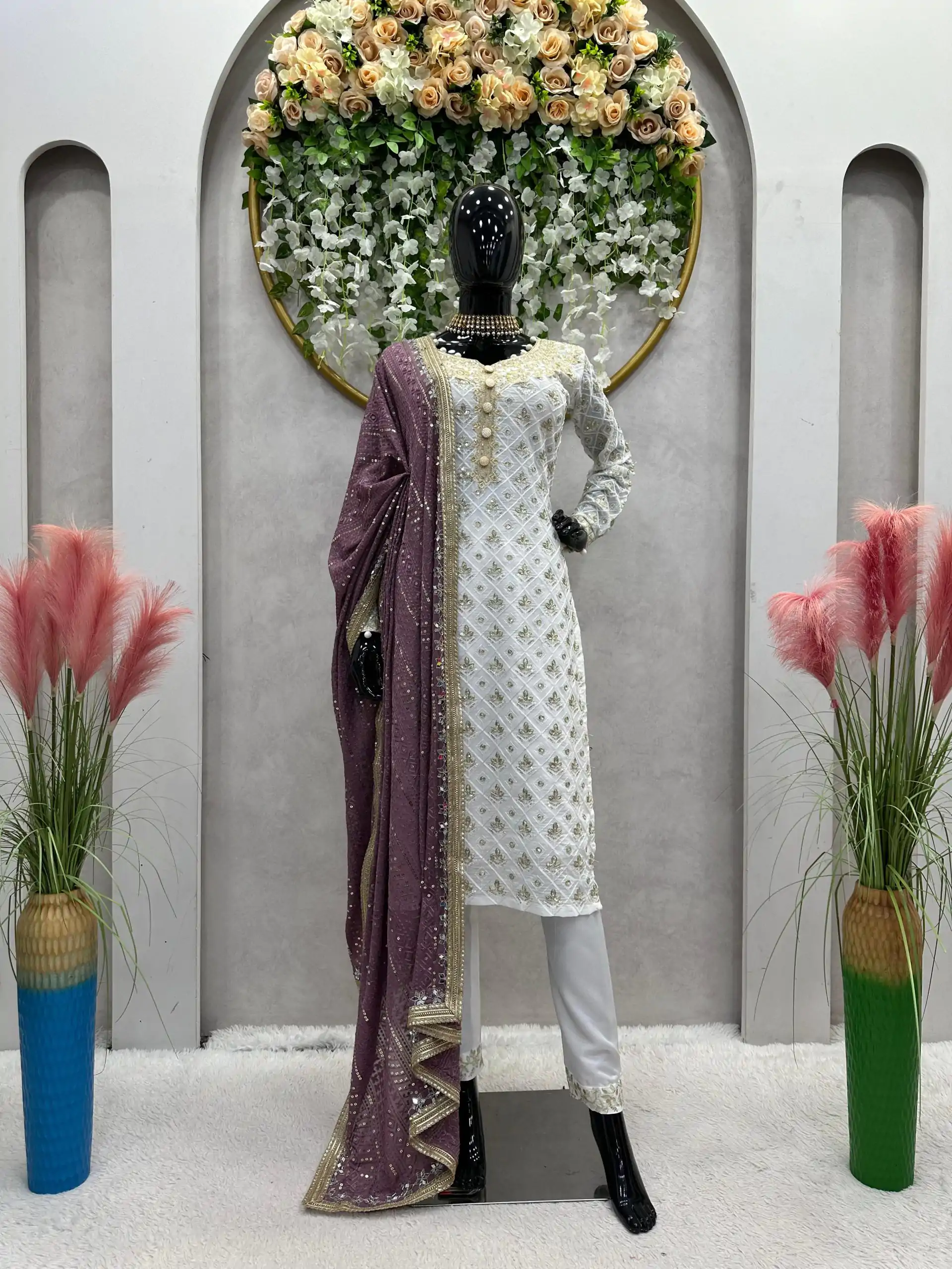 RTC 5699 White & Purple Color Foix Georgette Thread Sequence Work Salwar Suit Wedding, Party, Festive, Events Etc. Expected Delivery 4-6 Working Days @2499/ | Jump Suits, Salwar suit, Designer Suits, Casual Suits, Creative suits, Palazzo Suits, Party Wear Suits, Patiala Suits, Straight Suits