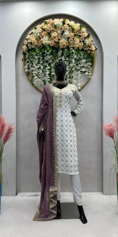 RTC 5699 White & Purple Color Foix Georgette Thread Sequence Work Salwar Suit Wedding, Party, Festive, Events Etc. Expected Delivery 4-6 Working Days @2499/ | Jump Suits, Salwar suit, Designer Suits, Casual Suits, Creative suits, Palazzo Suits, Party Wear Suits, Patiala Suits, Straight Suits