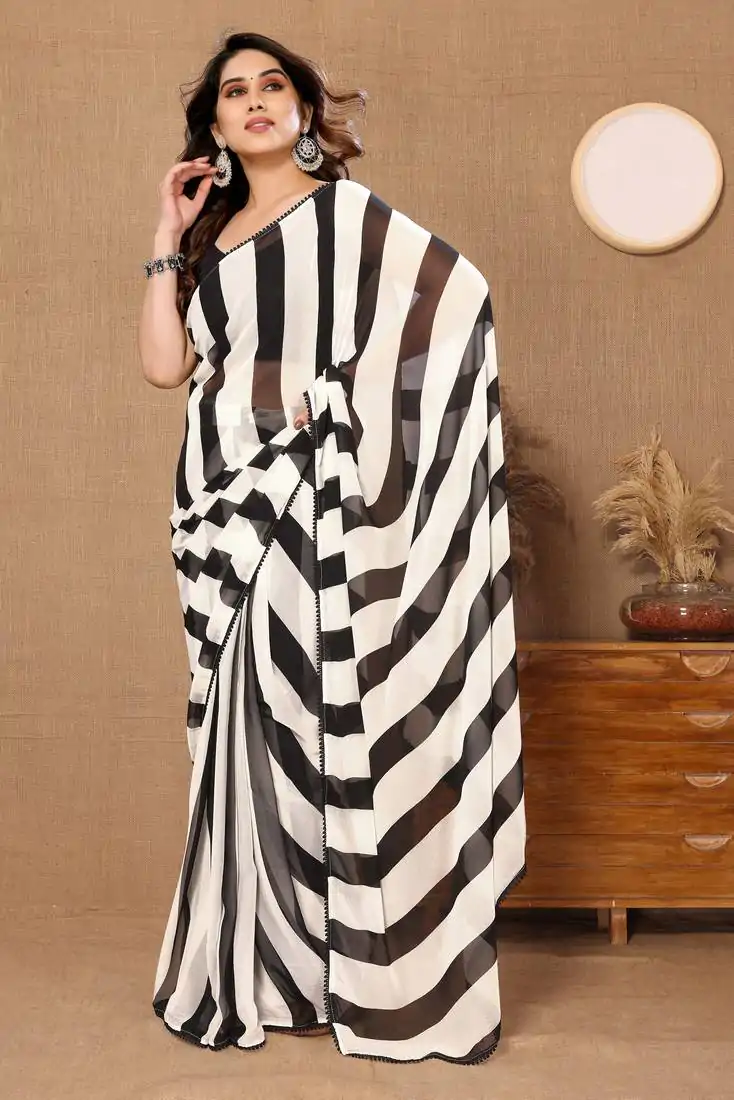 SC 272 Zebra White Color Pure Soft Georgette Silk Design All Over Saree , Party Wear, Events, Festivals Expected Delivery 4-6 Working Days 1599/- | Sarees, Bollywood Sarees, Creative Sarees, Designer Sarees, Embroidered Sarees, Ethnic Saree, Modern Digital sarees, Party Wear Sarees