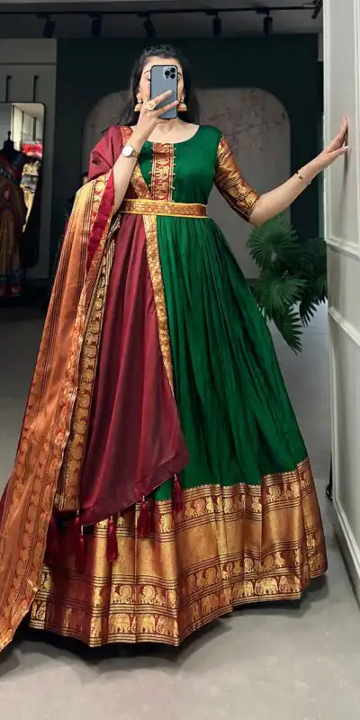 YNF 5313 Green Color Narayan Pet Zari Weaving Work Gown Casual, Wedding, Festive, Events, Designer Party Wear, Delivery 4-6 Working Days @1899 | Gowns, Bollywood Gowns, Creative Gowns, Designer Gowns, Embroidered Gowns, Party Wear Gowns