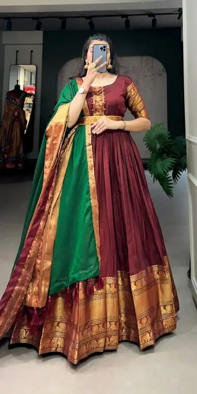 YNF 5313 Maroon Color Narayan Pet Zari Weaving Work Gown Casual, Wedding, Festive, Events, Designer Party Wear, Delivery 4-6 Working Days @1899 | Gowns, Bollywood Gowns, Creative Gowns, Designer Gowns, Embroidered Gowns, Party Wear Gowns