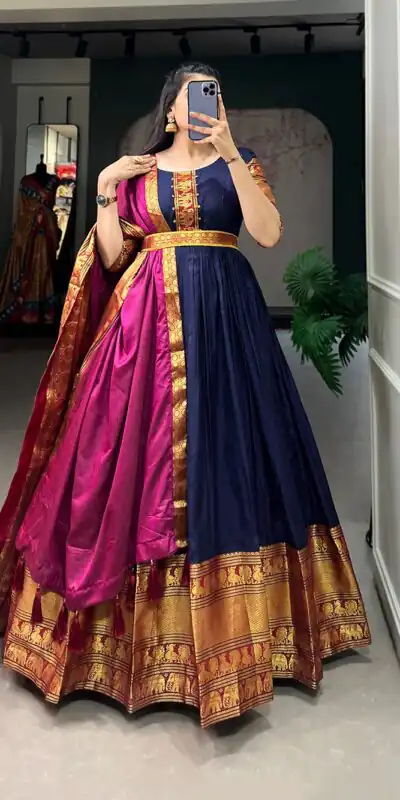 YNF 5313 Navy Blue Color Narayan Pet Zari Weaving Work Gown Casual, Wedding, Festive, Events, Designer Party Wear, Delivery 4-6 Working Days @1899 | Gowns, Bollywood Gowns, Creative Gowns, Designer Gowns, Embroidered Gowns, Party Wear Gowns
