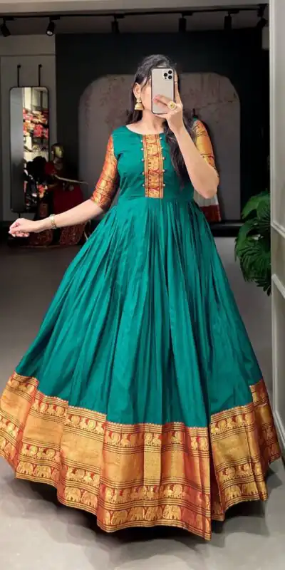 YNF 5313 Teal Blue Color Narayan Pet Zari Weaving Work Gown Casual, Wedding, Festive, Events, Designer Party Wear, Delivery 4-6 Working Days @1899 | Gowns, Bollywood Gowns, Creative Gowns, Designer Gowns, Embroidered Gowns, Party Wear Gowns