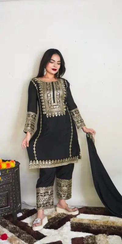 SRK 5151 Black Color Pure Chinnon Silk Embroidery Sequence Salwar Suit Wedding, Party, Festive, Events Expected Delivery 4-6 Working Days @ 1949/- | Jump Suits, Salwar suit, Designer Suits, Casual Suits, Creative suits, Palazzo Suits, Party Wear Suits, Patiala Suits, Straight Suits