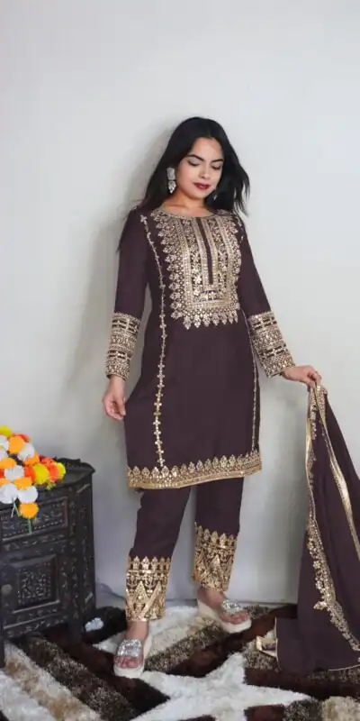 SRK 5151 Coffee Color Pure Chinnon Silk Embroidery Sequence Salwar Suit Wedding, Party, Festive, Events Expected Delivery 4-6 Working Days @ 1949/- | Jump Suits, Salwar suit, Designer Suits, Casual Suits, Creative suits, Palazzo Suits, Party Wear Suits, Patiala Suits, Straight Suits