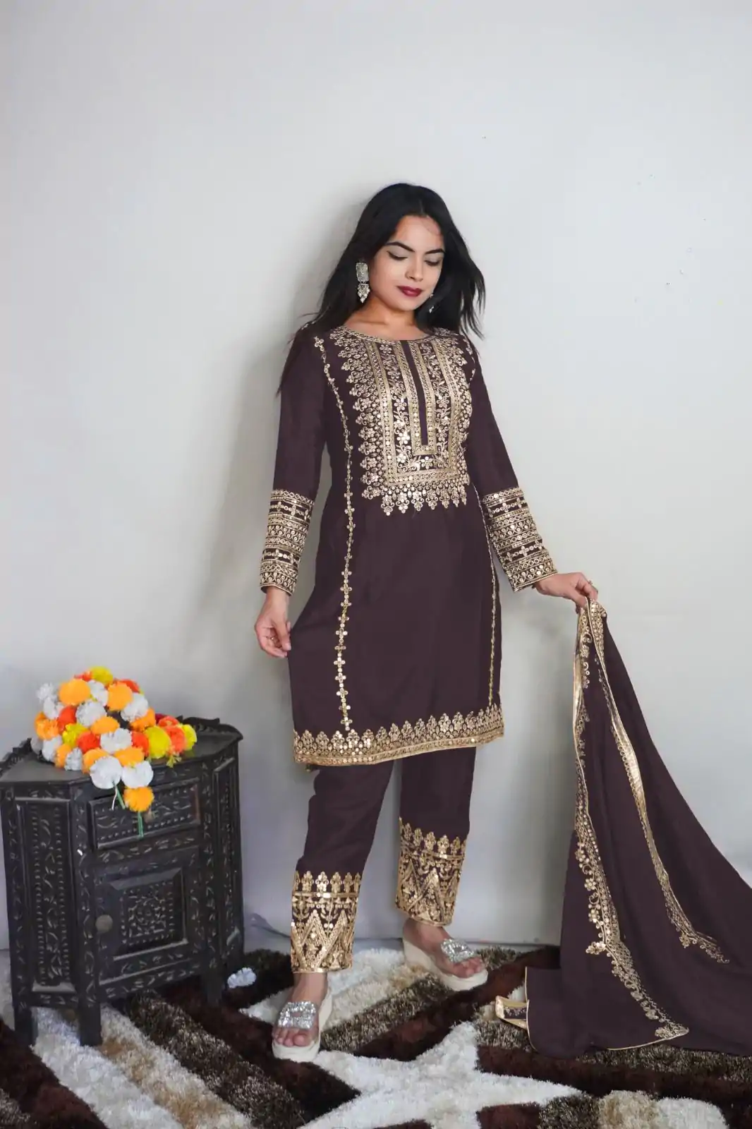 SRK 5151 Coffee Color Pure Chinnon Silk Embroidery Sequence Salwar Suit Wedding, Party, Festive, Events Expected Delivery 4-6 Working Days @ 1949/- | Jump Suits, Salwar suit, Designer Suits, Casual Suits, Creative suits, Palazzo Suits, Party Wear Suits, Patiala Suits, Straight Suits