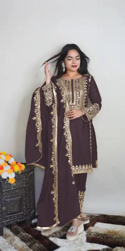 SRK 5151 Coffee Color Pure Chinnon Silk Embroidery Sequence Salwar Suit Wedding, Party, Festive, Events Expected Delivery 4-6 Working Days @ 1949/- | Jump Suits, Salwar suit, Designer Suits, Casual Suits, Creative suits, Palazzo Suits, Party Wear Suits, Patiala Suits, Straight Suits