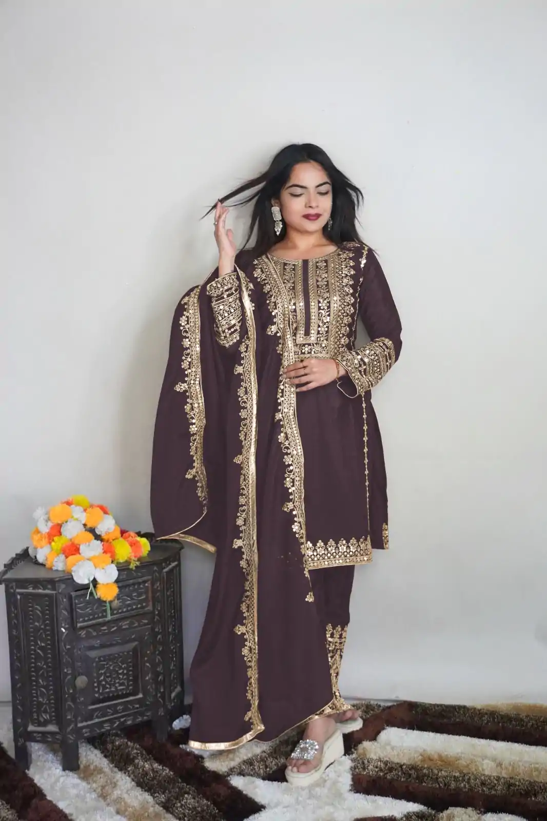 SRK 5151 Coffee Color Pure Chinnon Silk Embroidery Sequence Salwar Suit Wedding, Party, Festive, Events Expected Delivery 4-6 Working Days @ 1949/- | Jump Suits, Salwar suit, Designer Suits, Casual Suits, Creative suits, Palazzo Suits, Party Wear Suits, Patiala Suits, Straight Suits