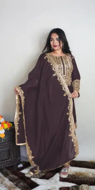 SRK 5151 Coffee Color Pure Chinnon Silk Embroidery Sequence Salwar Suit Wedding, Party, Festive, Events Expected Delivery 4-6 Working Days @ 1949/- | Jump Suits, Salwar suit, Designer Suits, Casual Suits, Creative suits, Palazzo Suits, Party Wear Suits, Patiala Suits, Straight Suits