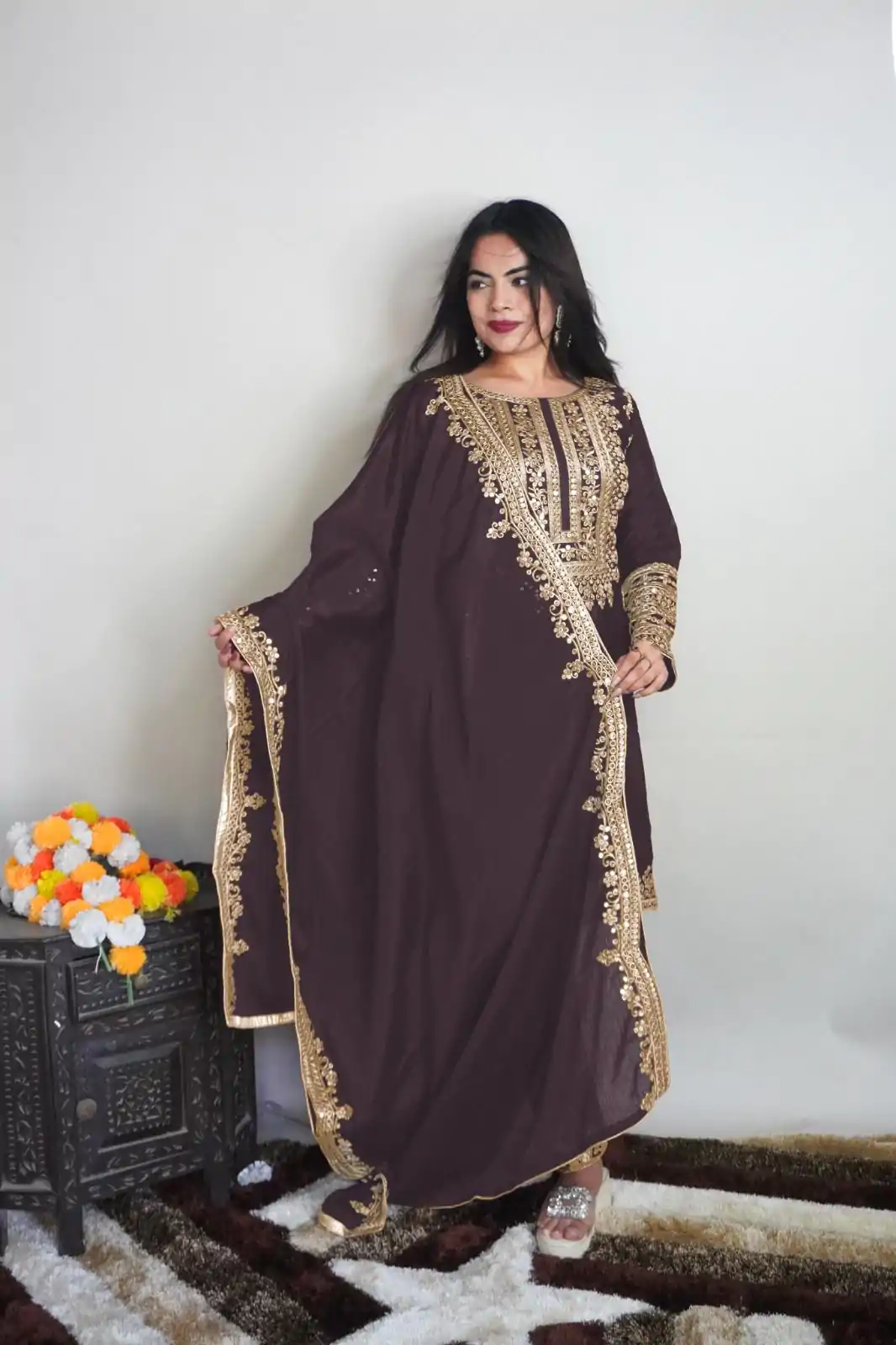 SRK 5151 Coffee Color Pure Chinnon Silk Embroidery Sequence Salwar Suit Wedding, Party, Festive, Events Expected Delivery 4-6 Working Days @ 1949/- | Jump Suits, Salwar suit, Designer Suits, Casual Suits, Creative suits, Palazzo Suits, Party Wear Suits, Patiala Suits, Straight Suits