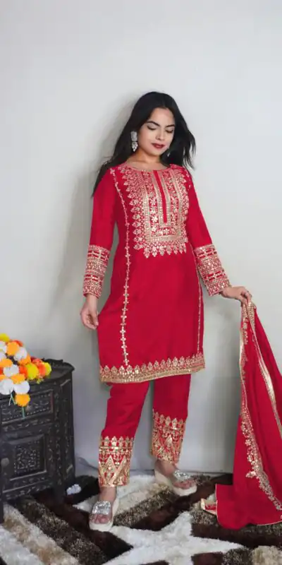 SRK 5151 Red Color Pure Chinnon Silk Embroidery Sequence Salwar Suit Wedding, Party, Festive, Events Expected Delivery 4-6 Working Days @ 1949/- | Jump Suits, Salwar suit, Designer Suits, Casual Suits, Creative suits, Palazzo Suits, Party Wear Suits, Patiala Suits, Straight Suits