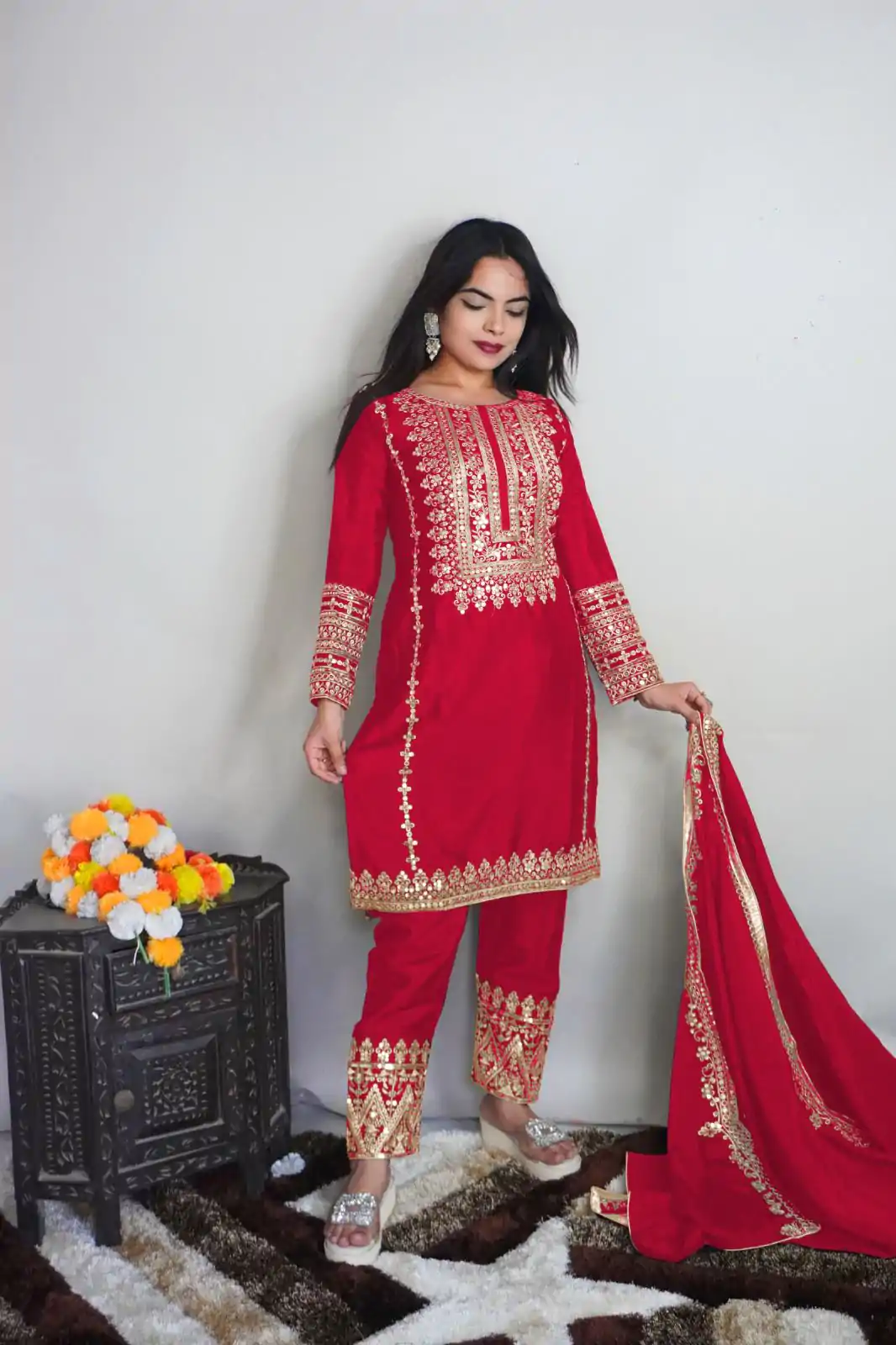 SRK 5151 Red Color Pure Chinnon Silk Embroidery Sequence Salwar Suit Wedding, Party, Festive, Events Expected Delivery 4-6 Working Days @ 1949/- | Jump Suits, Salwar suit, Designer Suits, Casual Suits, Creative suits, Palazzo Suits, Party Wear Suits, Patiala Suits, Straight Suits