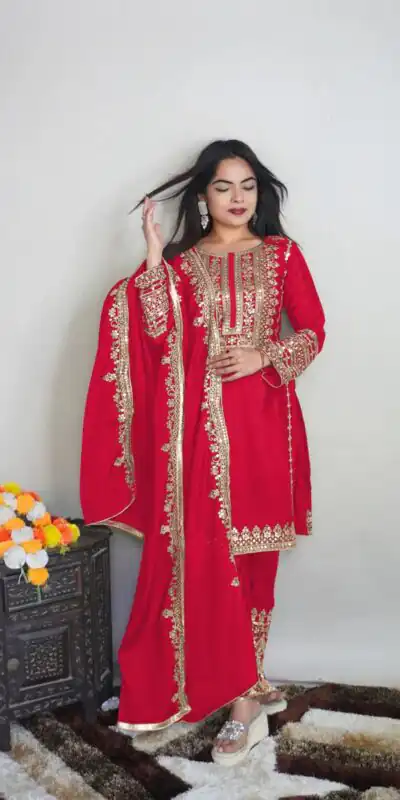 SRK 5151 Red Color Pure Chinnon Silk Embroidery Sequence Salwar Suit Wedding, Party, Festive, Events Expected Delivery 4-6 Working Days @ 1949/- | Jump Suits, Salwar suit, Designer Suits, Casual Suits, Creative suits, Palazzo Suits, Party Wear Suits, Patiala Suits, Straight Suits