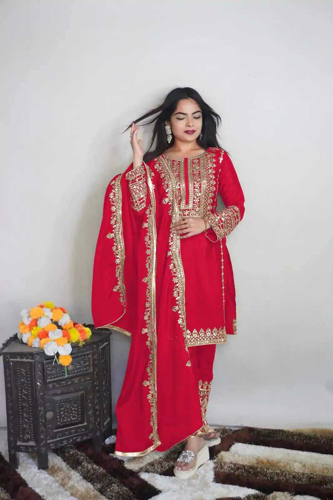 SRK 5151 Red Color Pure Chinnon Silk Embroidery Sequence Salwar Suit Wedding, Party, Festive, Events Expected Delivery 4-6 Working Days @ 1949/- | Jump Suits, Salwar suit, Designer Suits, Casual Suits, Creative suits, Palazzo Suits, Party Wear Suits, Patiala Suits, Straight Suits
