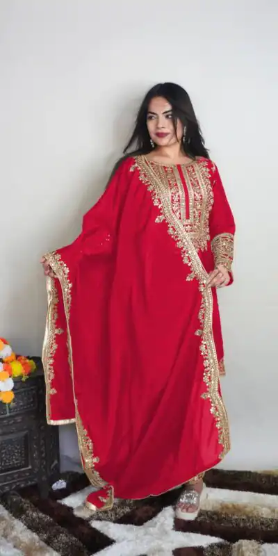 SRK 5151 Red Color Pure Chinnon Silk Embroidery Sequence Salwar Suit Wedding, Party, Festive, Events Expected Delivery 4-6 Working Days @ 1949/- | Jump Suits, Salwar suit, Designer Suits, Casual Suits, Creative suits, Palazzo Suits, Party Wear Suits, Patiala Suits, Straight Suits