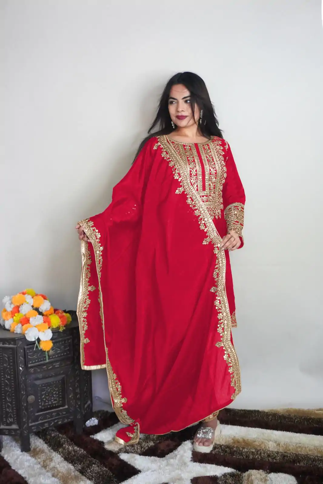SRK 5151 Red Color Pure Chinnon Silk Embroidery Sequence Salwar Suit Wedding, Party, Festive, Events Expected Delivery 4-6 Working Days @ 1949/- | Jump Suits, Salwar suit, Designer Suits, Casual Suits, Creative suits, Palazzo Suits, Party Wear Suits, Patiala Suits, Straight Suits