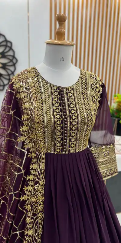 ZSR 3059 Wine Color Georgette Embroidery Sequence Work Gown Casual, Wedding, Party, Festive, Events Etc. Expected Delivery 4-6 Working Days 2049/- | Gowns, Bollywood Gowns, Creative Gowns, Designer Gowns, Embroidered Gowns, Party Wear Gowns