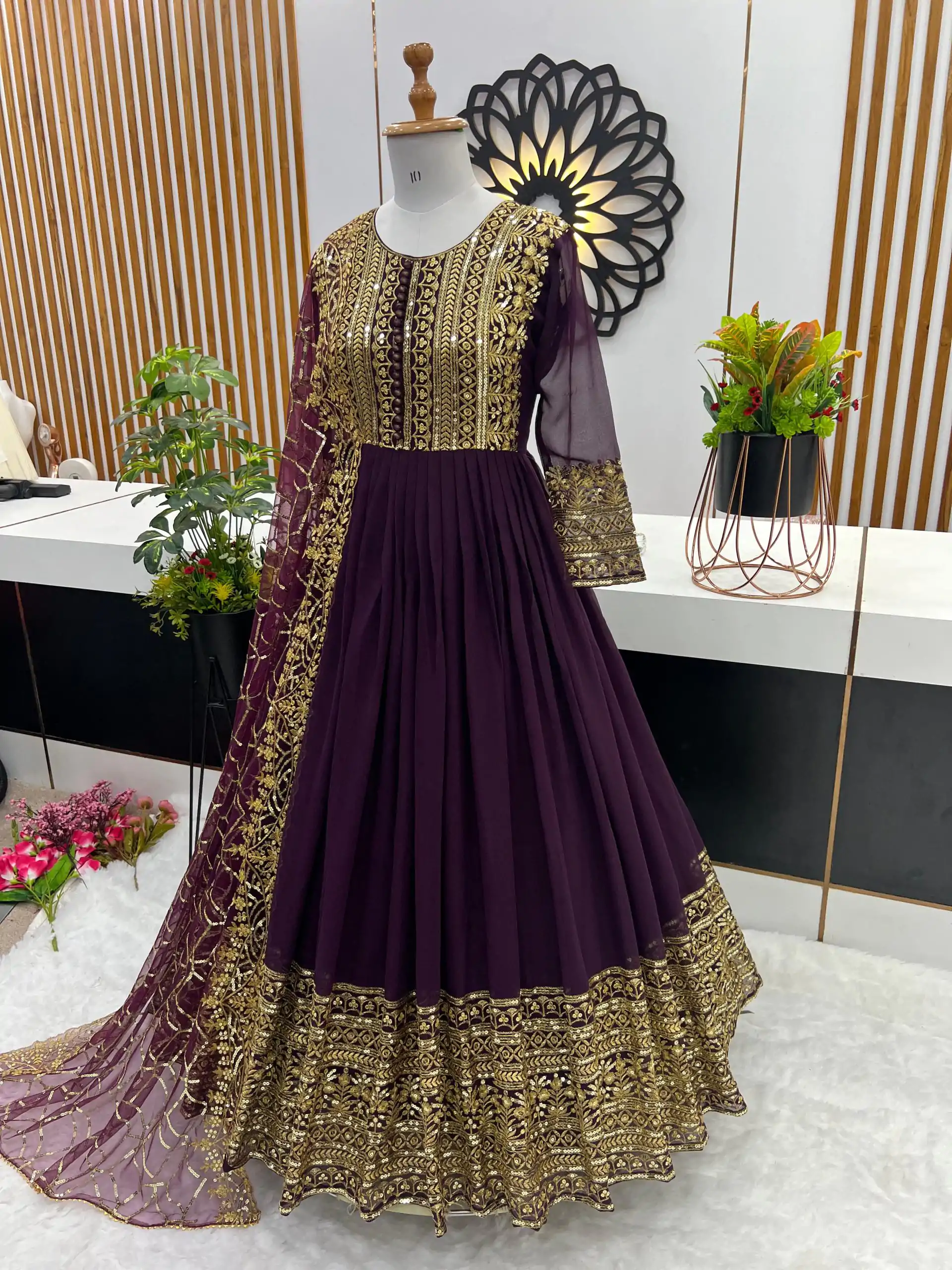 ZSR 3059 Wine Color Georgette Embroidery Sequence Work Gown Casual, Wedding, Party, Festive, Events Etc. Expected Delivery 4-6 Working Days 2049/- | Gowns, Bollywood Gowns, Creative Gowns, Designer Gowns, Embroidered Gowns, Party Wear Gowns