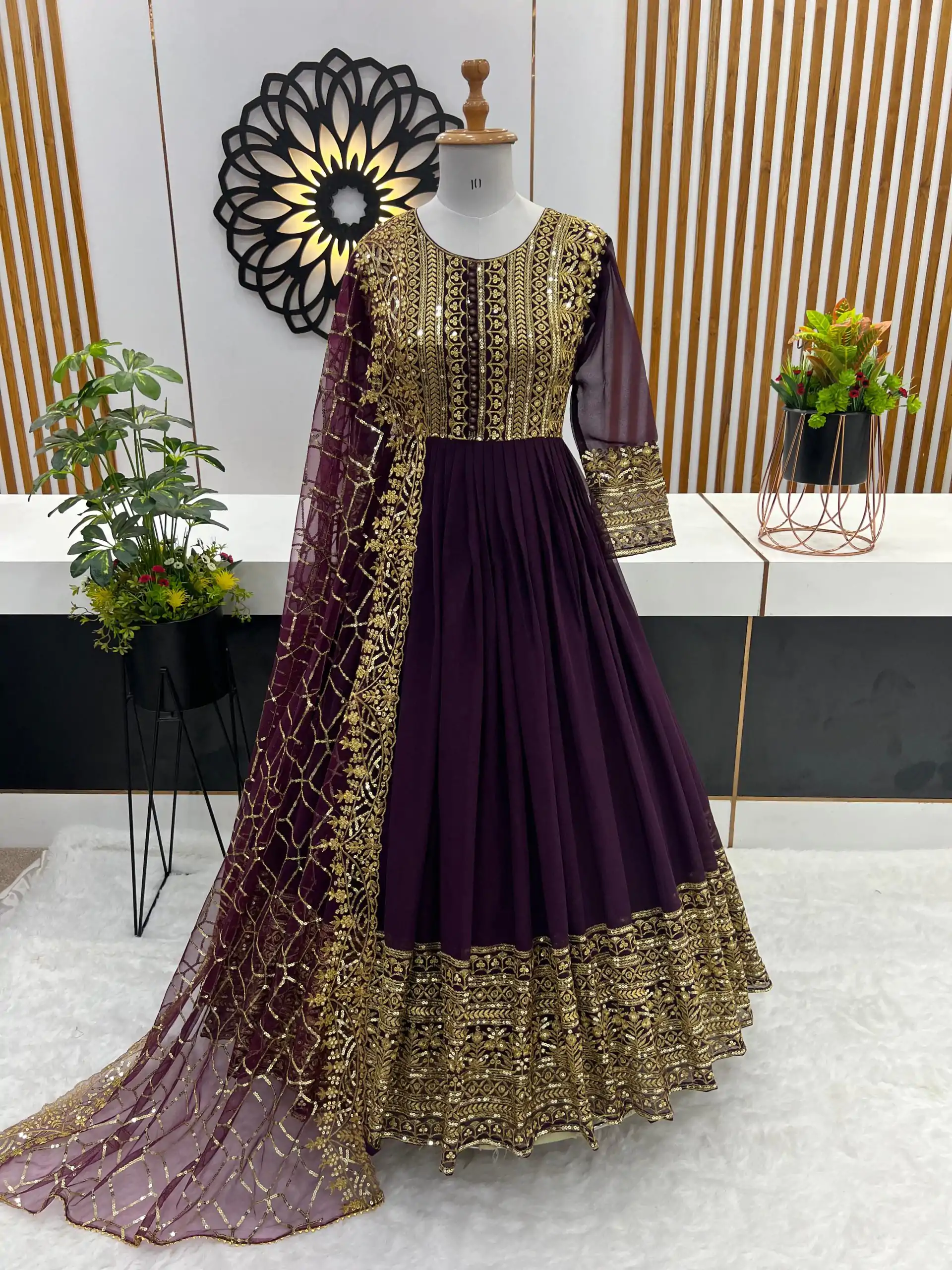 ZSR 3059 Wine Color Georgette Embroidery Sequence Work Gown Casual, Wedding, Party, Festive, Events Etc. Expected Delivery 4-6 Working Days 2049/- | Gowns, Bollywood Gowns, Creative Gowns, Designer Gowns, Embroidered Gowns, Party Wear Gowns