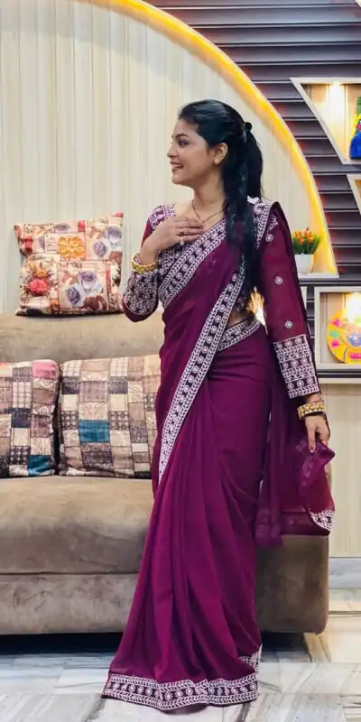 JR 593 Purple Color Georgette Embroidery Sequence Saree Casual, Wedding, Festive, Events Expected Delivery 4-6 Working Days @1599/- | Sarees, Bollywood Sarees, Creative Sarees, Designer Sarees, Embroidered Sarees, Ethnic Saree, Modern Digital sarees, Party Wear Sarees