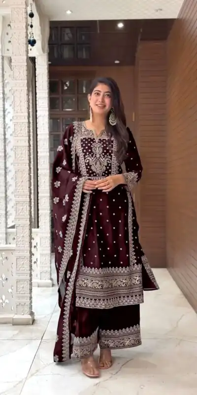 SRK 5156 Coffee Color Pure Chinnon Silk Embroidery Sequence Salwar Suit Wedding, Party, Festive, Events Expected Delivery 4-6 Working Days @ 2149/- | Jump Suits, Salwar suit, Designer Suits, Casual Suits, Creative suits, Palazzo Suits, Party Wear Suits, Patiala Suits, Straight Suits
