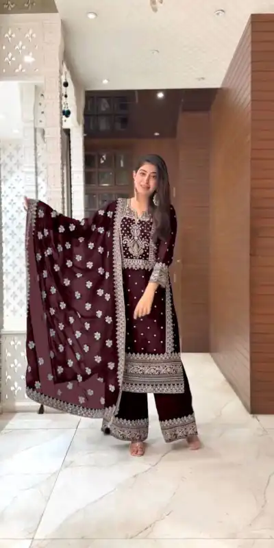 SRK 5156 Coffee Color Pure Chinnon Silk Embroidery Sequence Salwar Suit Wedding, Party, Festive, Events Expected Delivery 4-6 Working Days @ 2149/- | Jump Suits, Salwar suit, Designer Suits, Casual Suits, Creative suits, Palazzo Suits, Party Wear Suits, Patiala Suits, Straight Suits