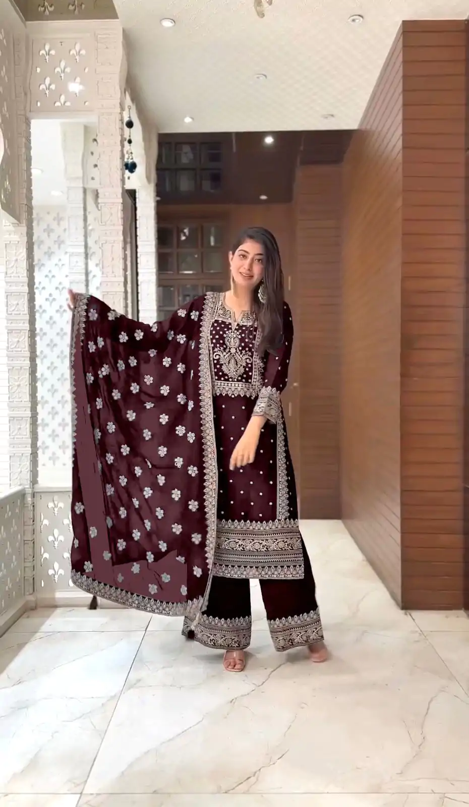 SRK 5156 Coffee Color Pure Chinnon Silk Embroidery Sequence Salwar Suit Wedding, Party, Festive, Events Expected Delivery 4-6 Working Days @ 2149/- | Jump Suits, Salwar suit, Designer Suits, Casual Suits, Creative suits, Palazzo Suits, Party Wear Suits, Patiala Suits, Straight Suits