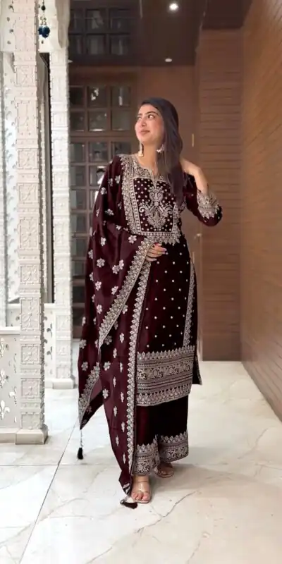 SRK 5156 Coffee Color Pure Chinnon Silk Embroidery Sequence Salwar Suit Wedding, Party, Festive, Events Expected Delivery 4-6 Working Days @ 2149/- | Jump Suits, Salwar suit, Designer Suits, Casual Suits, Creative suits, Palazzo Suits, Party Wear Suits, Patiala Suits, Straight Suits
