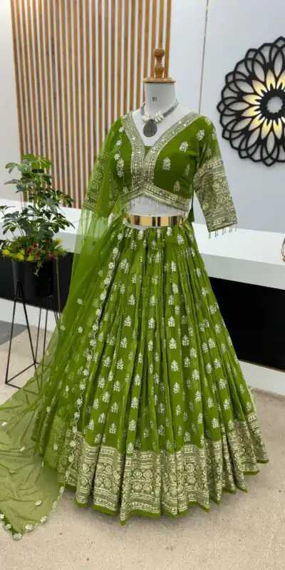 ZSR 3070 Green Color Georgette Embroidery Sequence Lehenga Choli Wedding, Party, Events Etc. Expected Delivery 4-6 Working Days 2149/- | Lehenga, Bollywood Lehenga, Creative Lehenga, Designer Lehenga, Embroidered Lehenga, Party Wear Lehenga