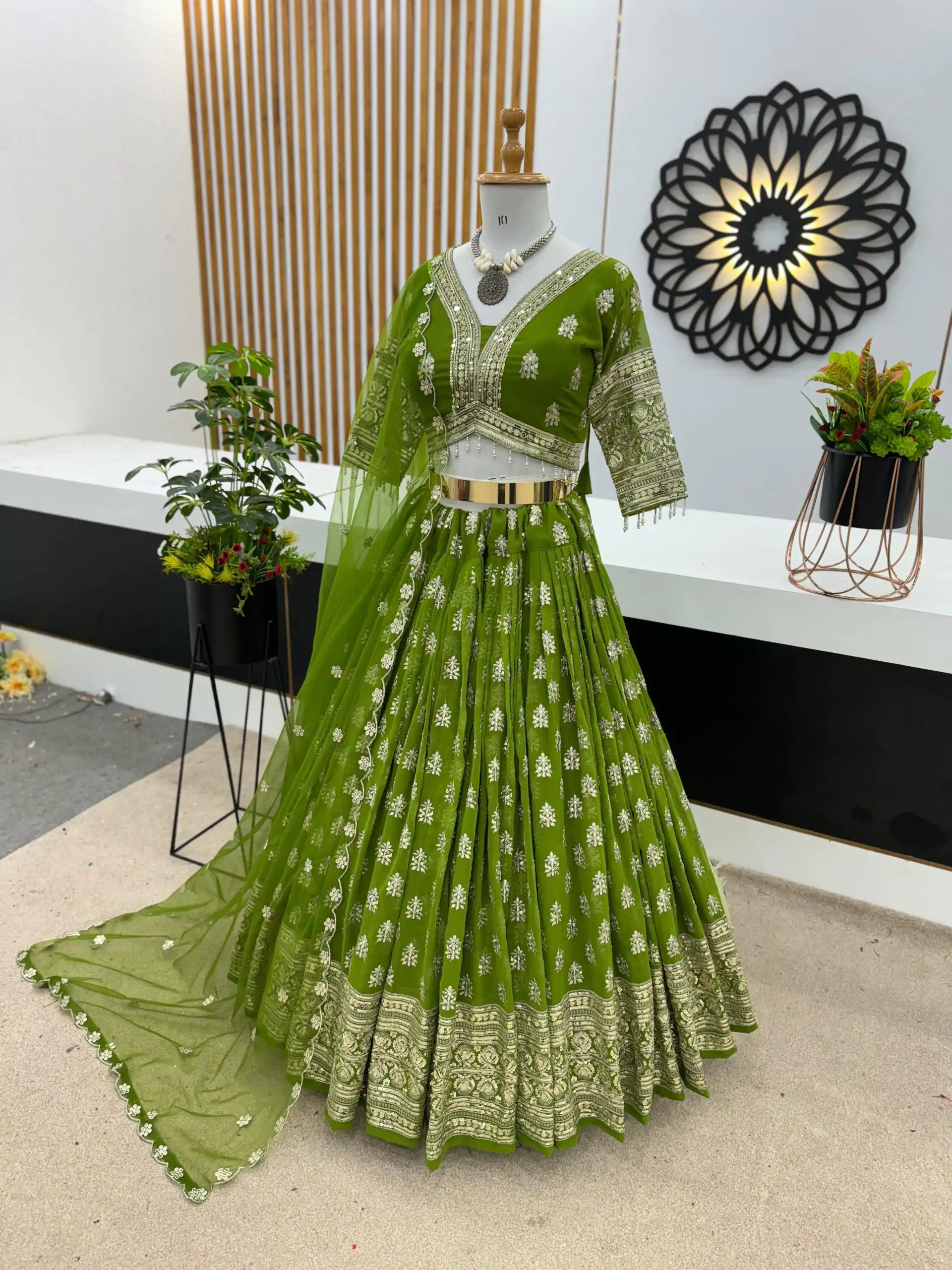 ZSR 3070 Green Color Georgette Embroidery Sequence Lehenga Choli Wedding, Party, Events Etc. Expected Delivery 4-6 Working Days 2149/- | Lehenga, Bollywood Lehenga, Creative Lehenga, Designer Lehenga, Embroidered Lehenga, Party Wear Lehenga