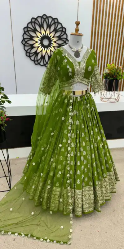 ZSR 3070 Green Color Georgette Embroidery Sequence Lehenga Choli Wedding, Party, Events Etc. Expected Delivery 4-6 Working Days 2149/- | Lehenga, Bollywood Lehenga, Creative Lehenga, Designer Lehenga, Embroidered Lehenga, Party Wear Lehenga