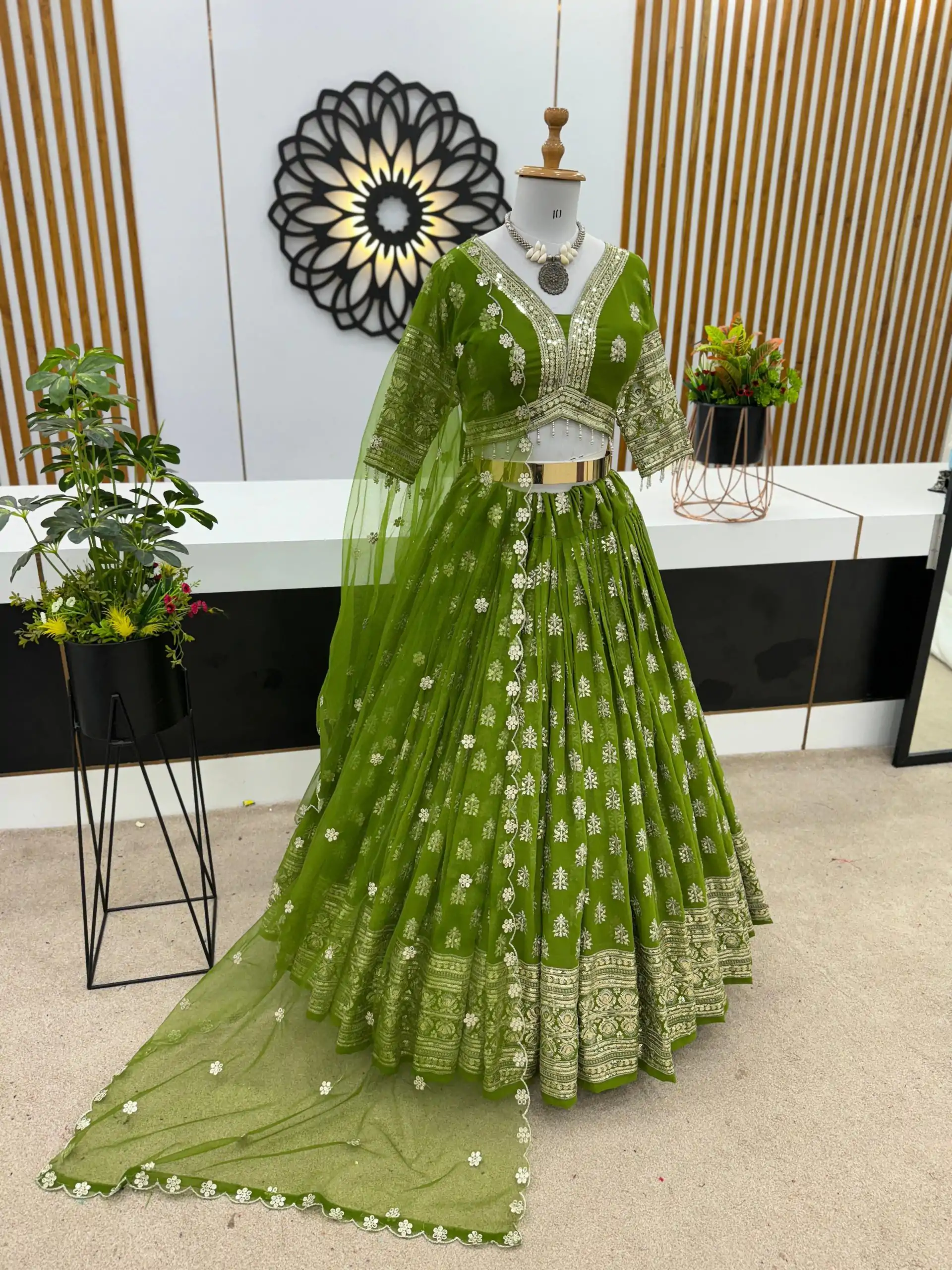 ZSR 3070 Green Color Georgette Embroidery Sequence Lehenga Choli Wedding, Party, Events Etc. Expected Delivery 4-6 Working Days 2149/- | Lehenga, Bollywood Lehenga, Creative Lehenga, Designer Lehenga, Embroidered Lehenga, Party Wear Lehenga