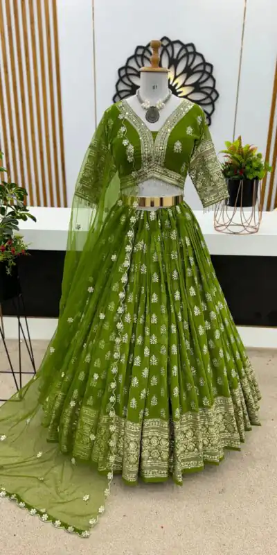 ZSR 3070 Green Color Georgette Embroidery Sequence Lehenga Choli Wedding, Party, Events Etc. Expected Delivery 4-6 Working Days 2149/- | Lehenga, Bollywood Lehenga, Creative Lehenga, Designer Lehenga, Embroidered Lehenga, Party Wear Lehenga