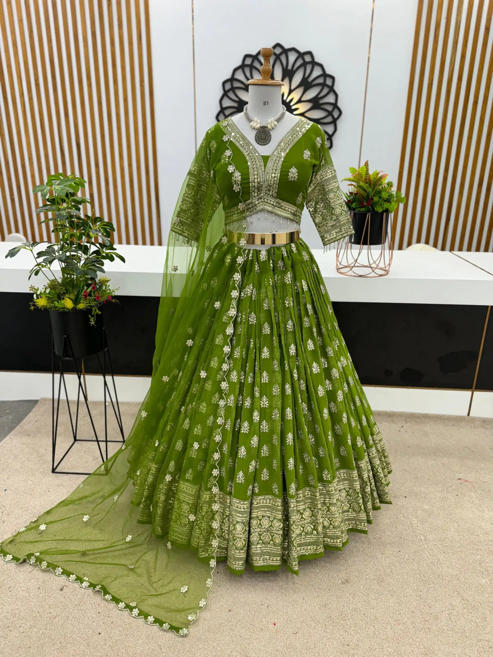 ZSR 3070 Green Color Georgette Embroidery Sequence Lehenga Choli Wedding, Party, Events Etc. Expected Delivery 4-6 Working Days 2149/- | Lehenga, Bollywood Lehenga, Creative Lehenga, Designer Lehenga, Embroidered Lehenga, Party Wear Lehenga