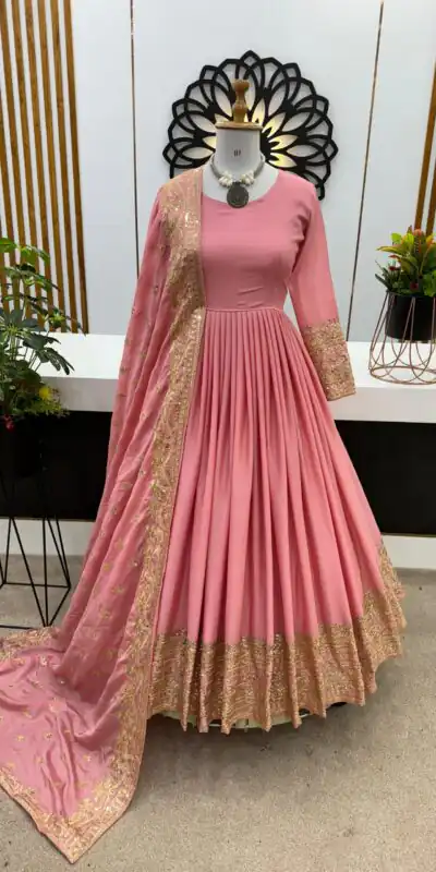 ZF 372 Peach Color Heavy Chinon Silk Embroidery Sequence Work Gown Casual, Wedding, Party, Festive, Events Etc. Expected Delivery 4-6 Working Days @2049/- | Gowns, Bollywood Gowns, Creative Gowns, Designer Gowns, Embroidered Gowns, Party Wear Gowns