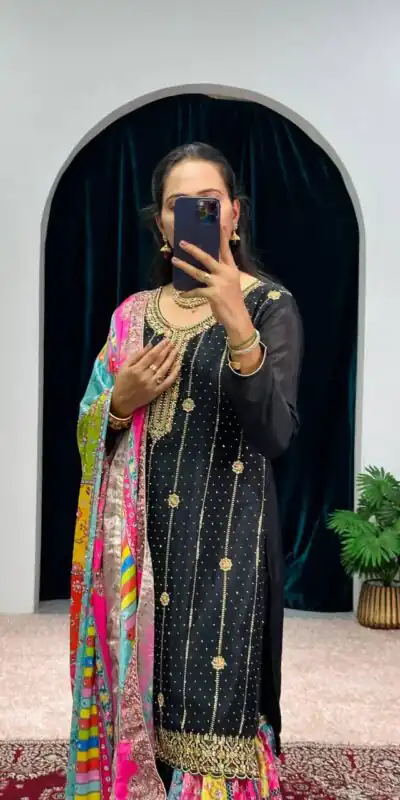 ST 1046 Black Color Chinon Embroidery Work Salwar Suit Casual, Wedding, Party, Festive, Events Etc. Expected Delivery 4-6 Working Days @2399/- | Jump Suits, Salwar suit, Designer Suits, Casual Suits, Creative suits, Palazzo Suits, Party Wear Suits, Patiala Suits, Straight Suits