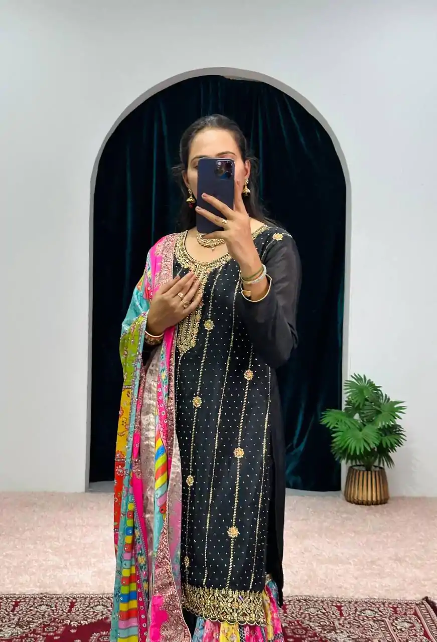 ST 1046 Black Color Chinon Embroidery Work Salwar Suit Casual, Wedding, Party, Festive, Events Etc. Expected Delivery 4-6 Working Days @2399/- | Jump Suits, Salwar suit, Designer Suits, Casual Suits, Creative suits, Palazzo Suits, Party Wear Suits, Patiala Suits, Straight Suits